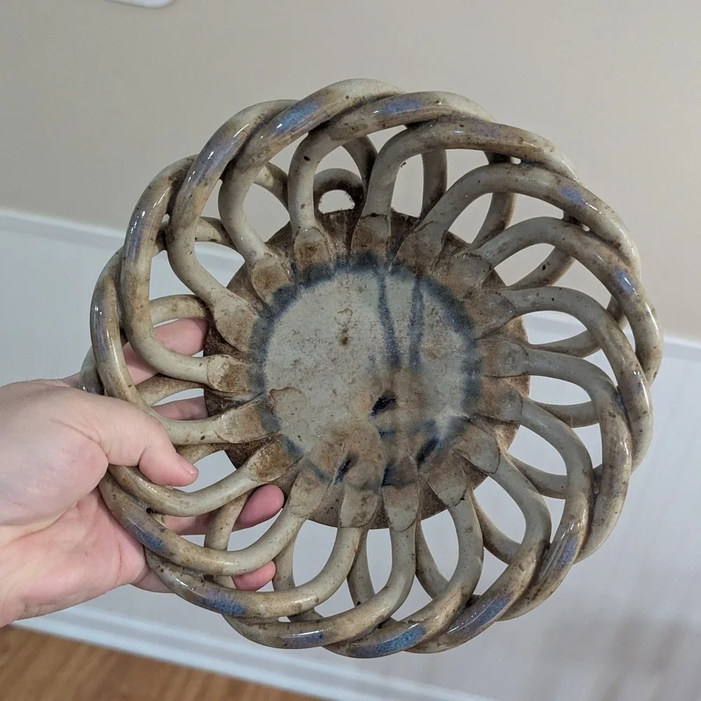 Studio Pottery Woven Lattice Basket Bowl Tan Blue Glaze Braided Ceramic 9 inch